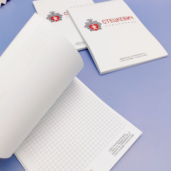 Блокнот A5 белый, внутри клетка (плотность 80г/м2, 48 листов) с индивидуальным ЛОГОтипом (наше производство), с печатью